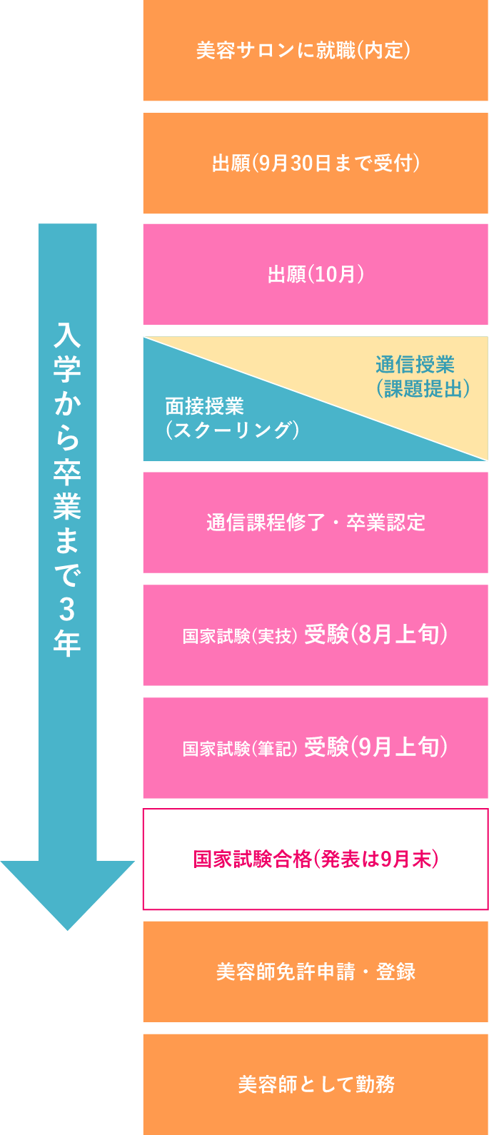 通信科による美容師免許取得の流れのフロー図