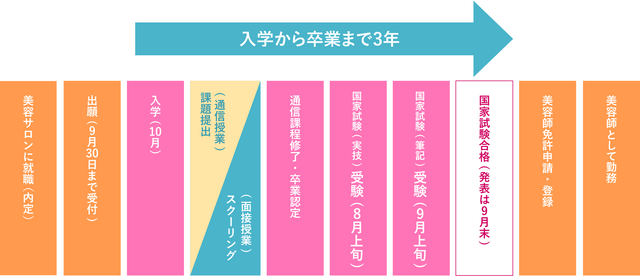 通信科による美容師免許取得の流れのフロー図